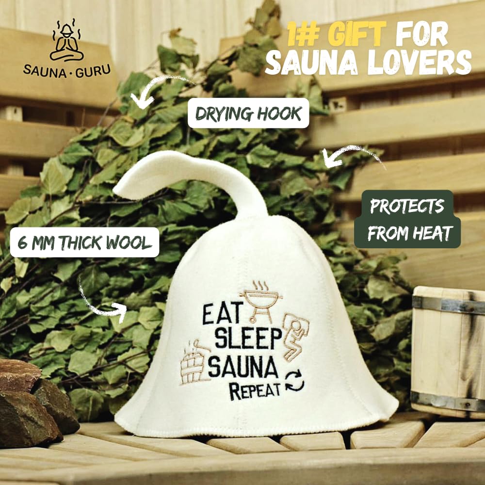 Saunahut 'Eat, Sleep, Sauna, Repeat' White - 100% organische Wollfilzmützen - Schützen Sie Ihren Kopf vor Hitze - Englische Sauna E-Book Handbuch inklusiv - mit Stickerei