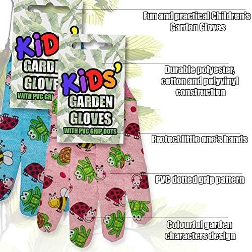 AKH® Kids Garden Gloves | One Size 3+ Years | Cotton Children's Gardening Gloves with PVC Grip Dots for Secure Grip | Kid's Garden Gloves with Colourful Garden Characters Design (Both Colour 1 Each)