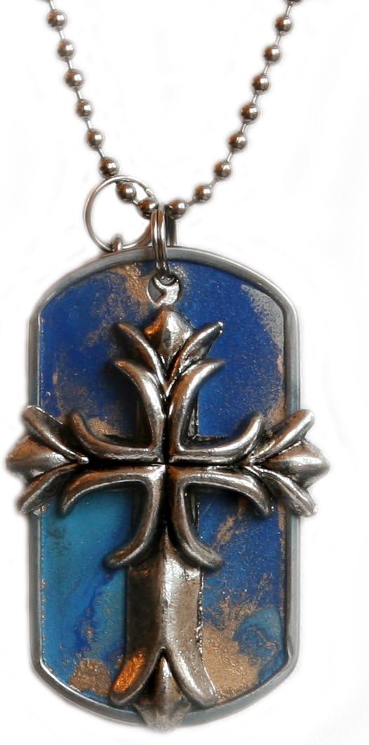 Blue Unique Handmade Cross Stainless Steel Dog Tag FREE Organza Pouch Bag