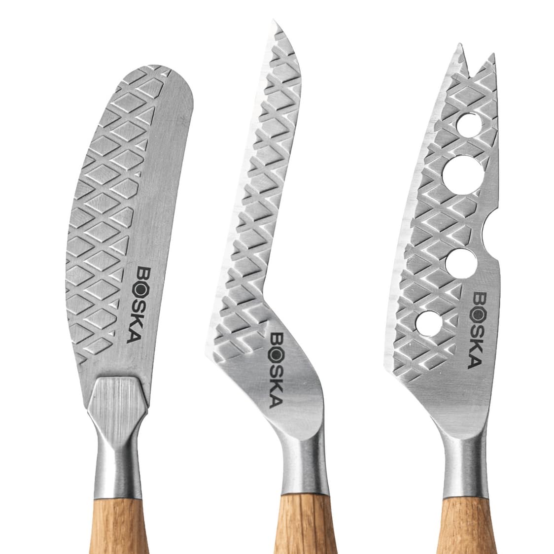 BOSKA Käsemesser-Set Oslo+ Small / 5 Käsemesser/Für alle Käsesorten auf einem Käsebrett/Stilvolles & kompaktes Design/Einzigartige Rhombenstruktur/Edelstahl/Europäische Eiche/Geschenktipp