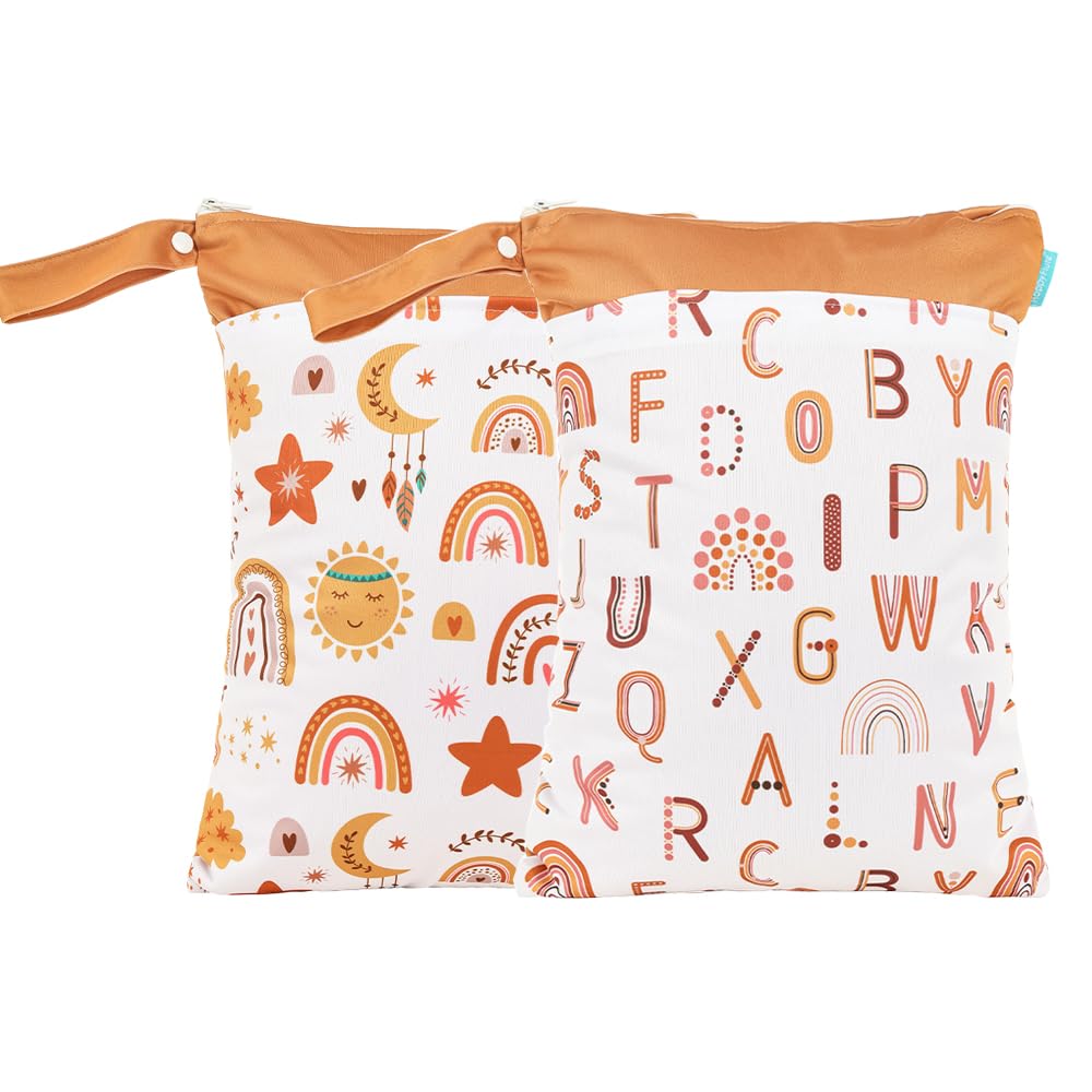 MOMIGO2 pcs/set Wet Dry Bags for Baby Cloth Diapers - Reusable, Washable for Stroller, Diapers, Toiletries, Travel Bags, Beach, Pool, Gym Bag with Two Zippered Pockets 11.8 * 15.7 inch (Letter)