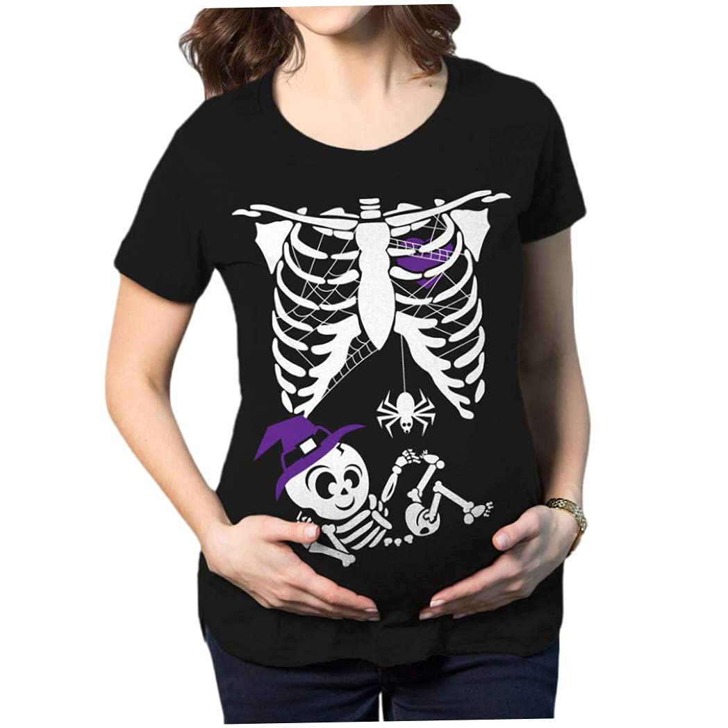 SouiWuzi Camisas de Embarazo de Halloween Linda Tope de Manga Corta de Estampado Esqueleto para Maternidad