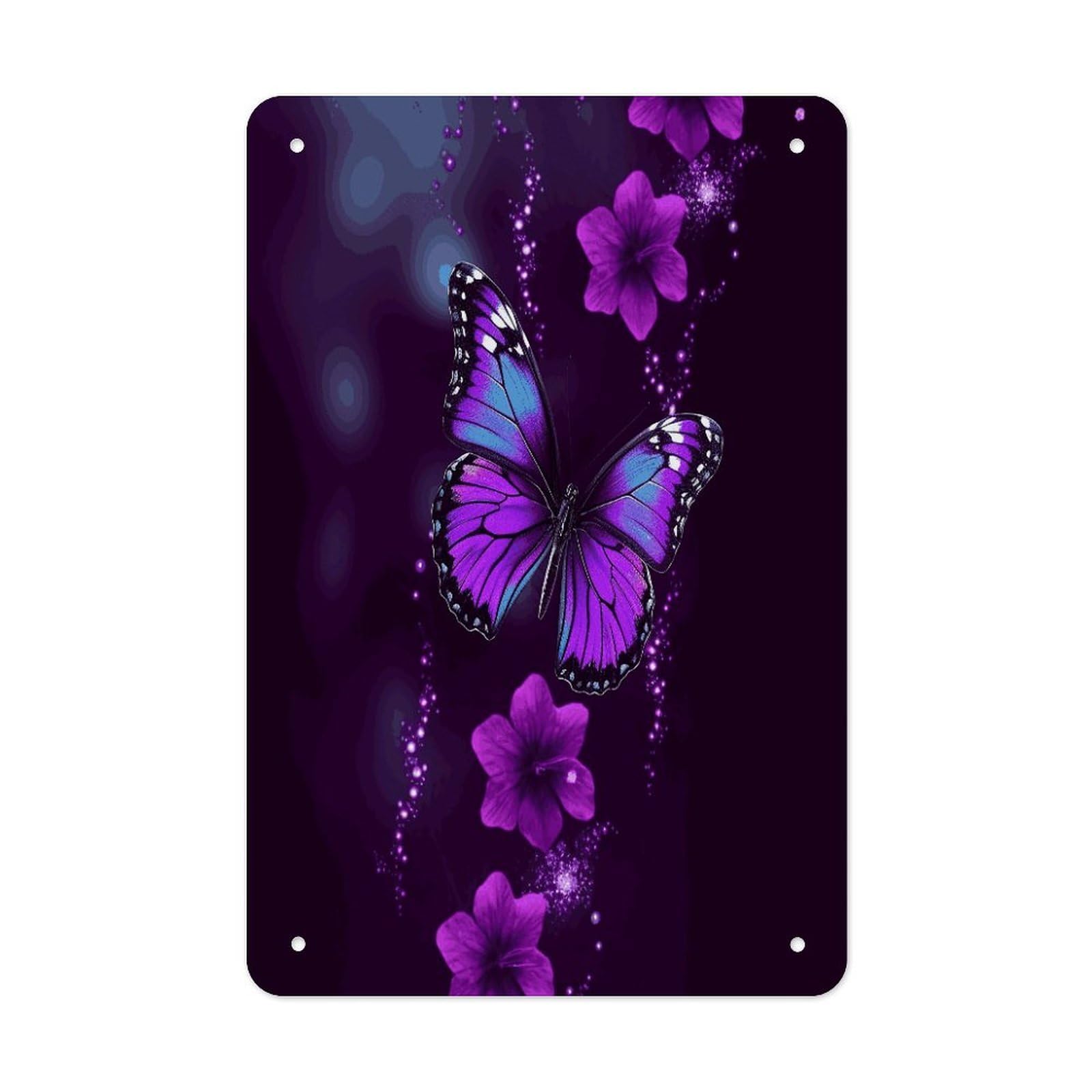 LDGSUPH Purple Butterfly Wall Art Prints Folded Edge Iron Sheet Painting with Holes for Wall Prints Decorative Picture Metal Signboard Decor Painting for Outdoor Indoor Wall Decor