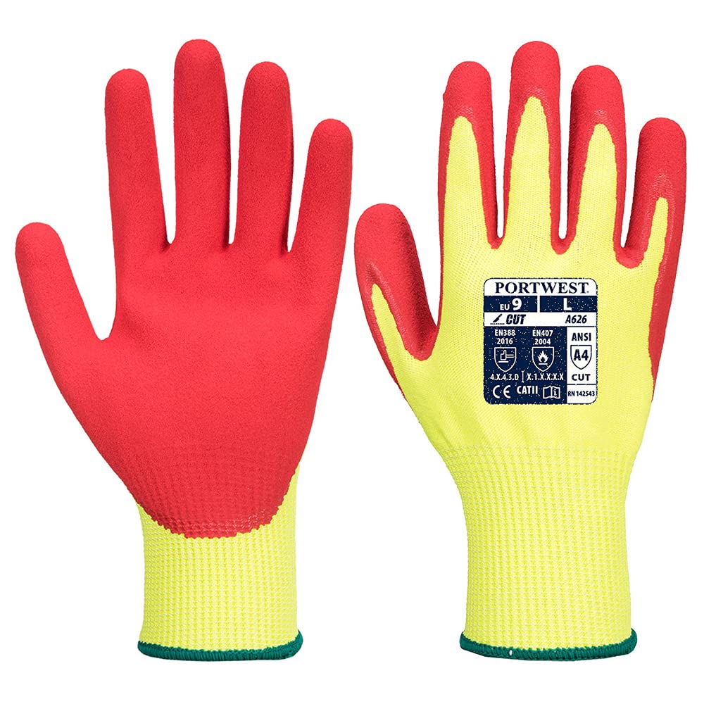 Portwest Guante Nitrilo Anti-​Corte Vis-​Tex Hr, Tamaño: L, Color: Amarillo/​Rojo, A626Y5RL