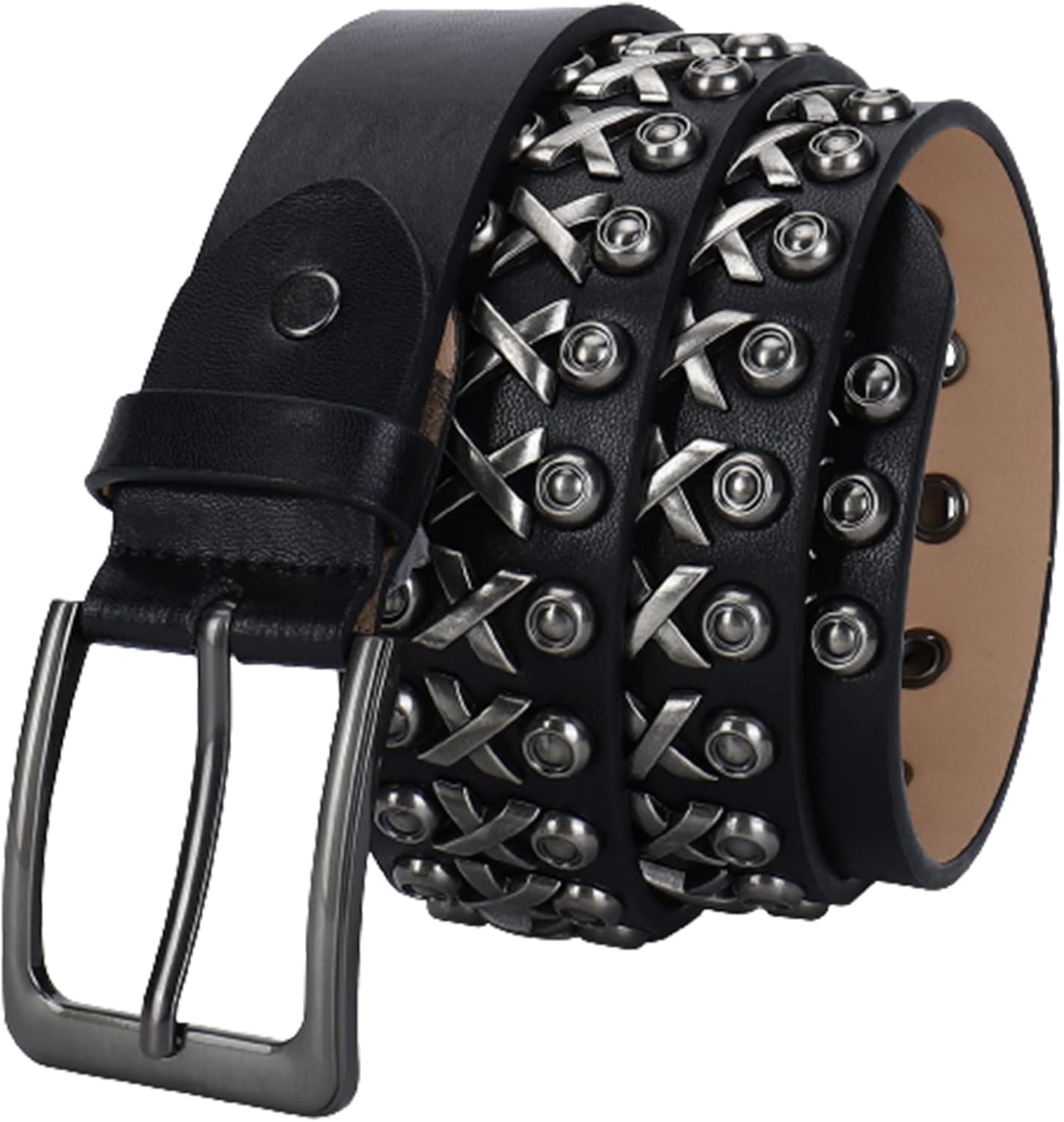Unisex Punk Rock Rhinestone Studded Belt - Black Leather With Bright Rivets, Cowboy/Cowgirl For Jeans Dress,105cm/Waist 35"