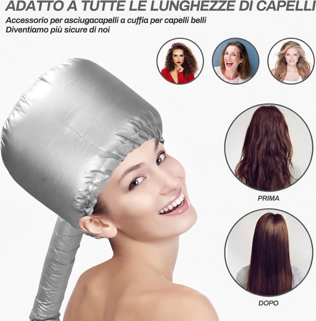 Casco per asciugatura cuffia asciugacapelli elastico attacco a phon grigio portatile professionale capelli ricci