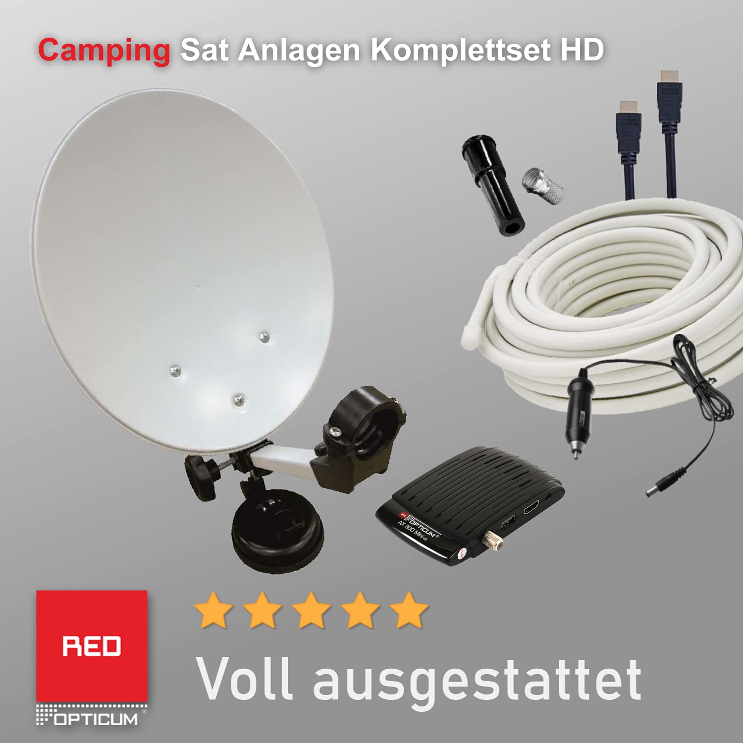 Opticum Camping Sat-Anlage Komplettset HD mit AX 300 Mini V3 Receiver Single LNB Koffer