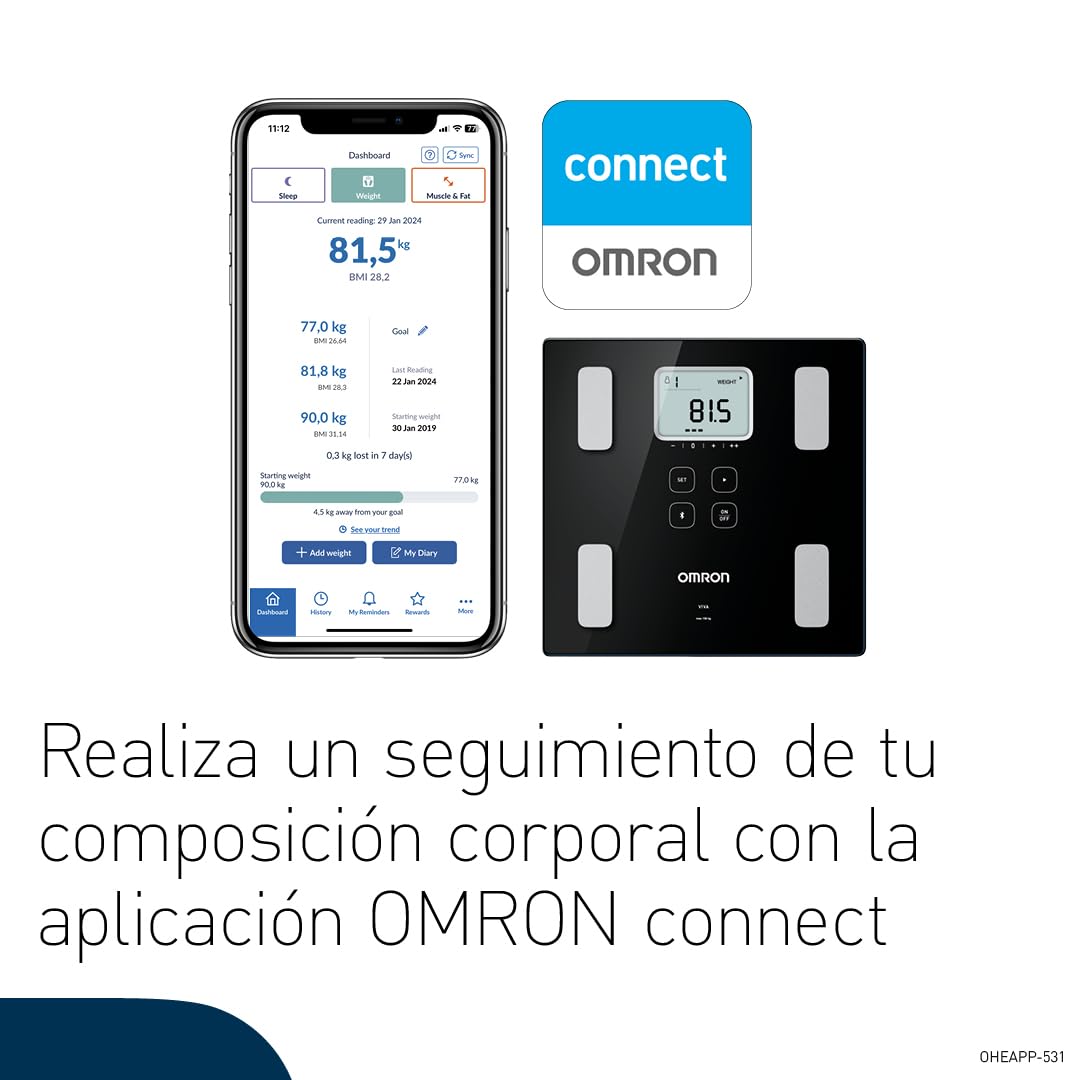 OMRON VIVA - Báscula inteligente y monitor de composición corporal con medición de peso, grasa corporal, grasa visceral, músculo esquelético, metabolismo basal e IMC