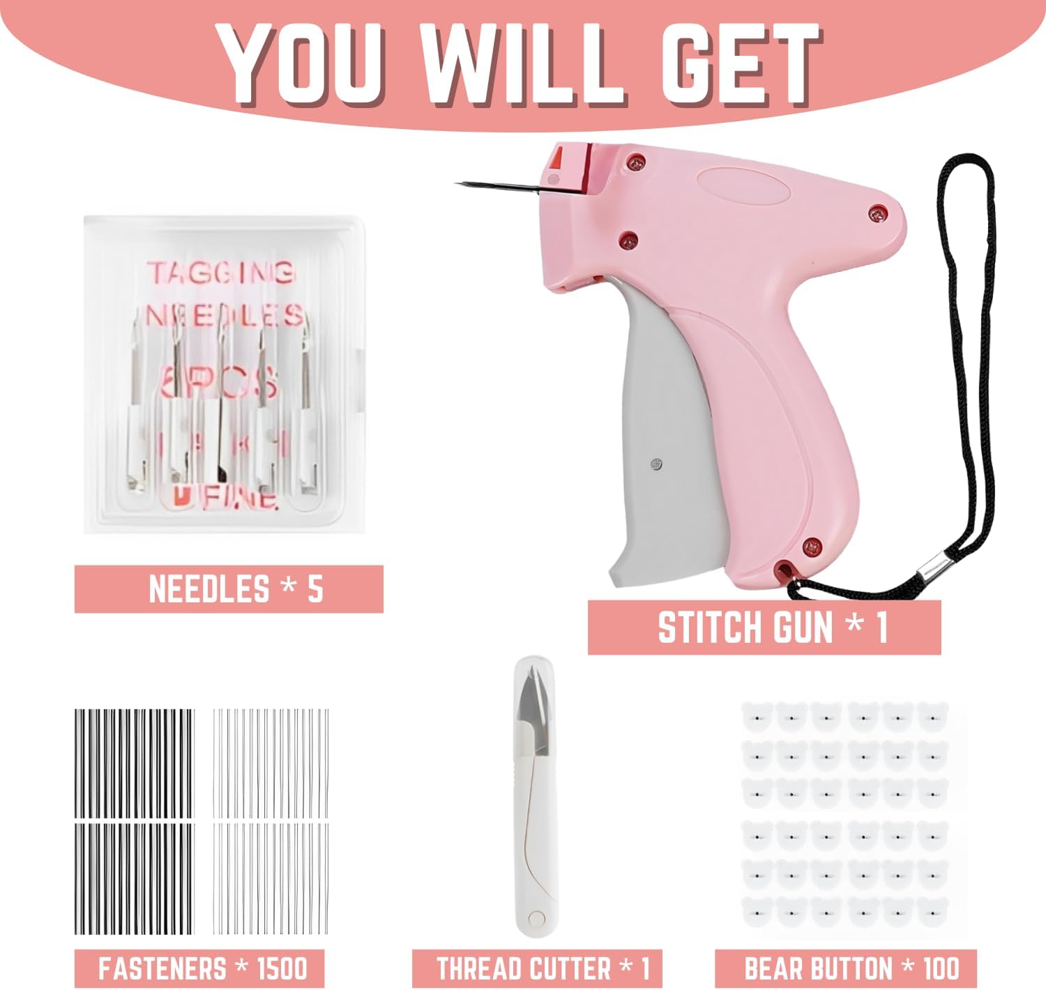 Stitch Gun for Clothes, Stitchy Gun Kit with 10 Needles,1500 Black & White Fasteners & 100 Buttons, Easy to Use Tagging Gun Tool for Sewing, Tagging, Quilting, Hemming tape for pants and Clothes - Image 2