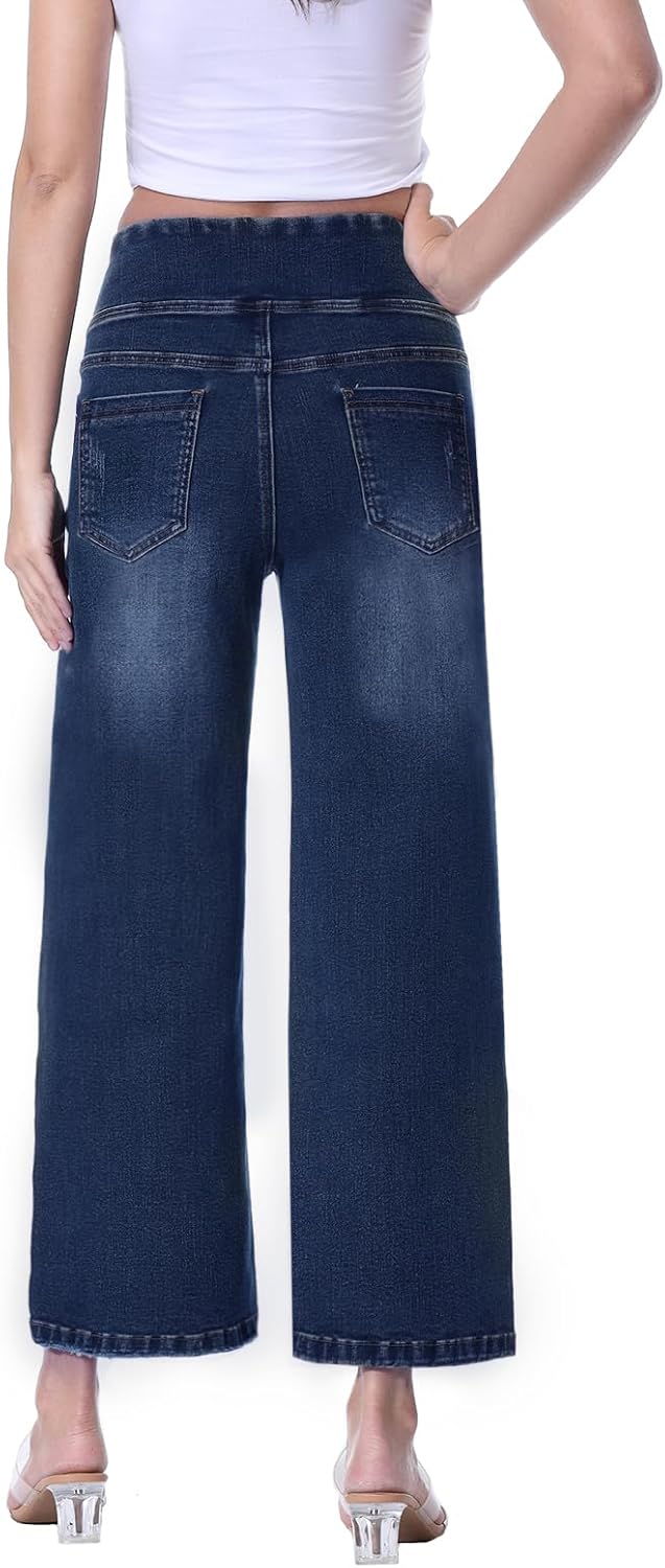 Wide Leg Capri Jeans for Women, Pull on High Waisted Trendy Stretchy Straight Leg Baggy Cropped Tummy Control Jeans - Image 2