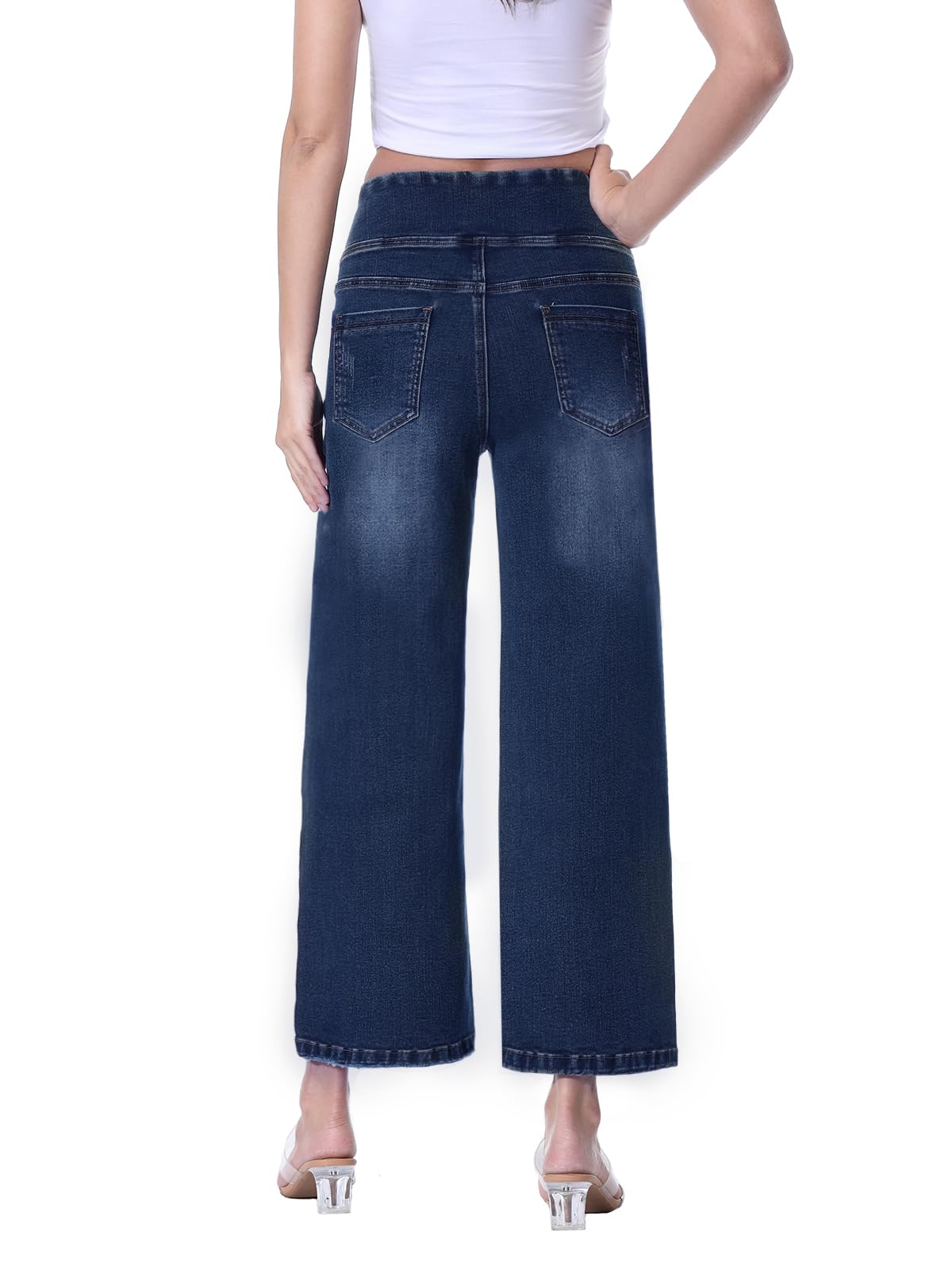 Vaqueros Mujer Elásticos, Tiro Alto con Control de Vientre, Pantalones Anchos de Pierna Recta Crop Elegantes