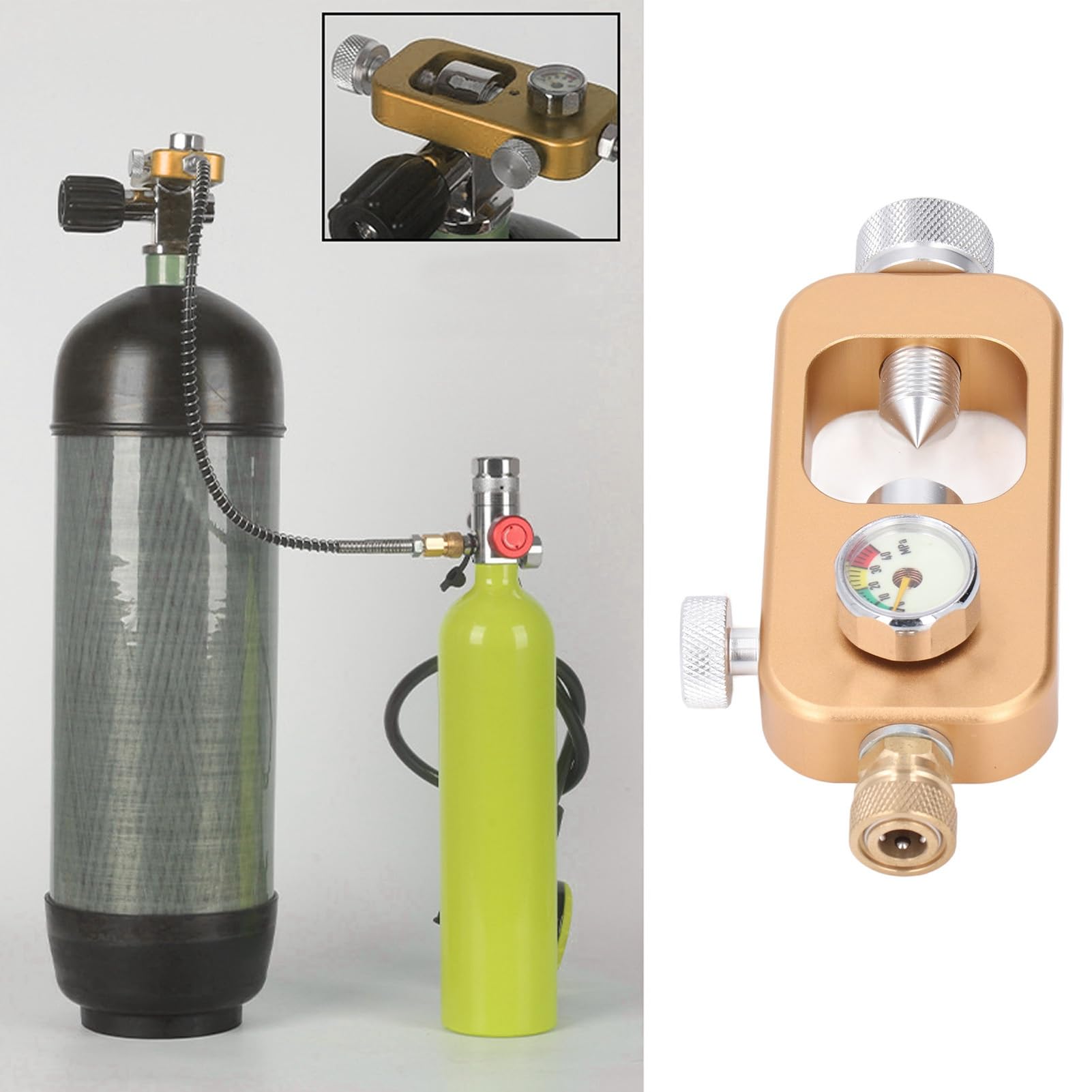 Adaptador Tanque Recarga Buceo, Adaptador de Alta Presión de 30 MPA con Manómetro, Aleación de Aluminio para Paintball, Rifles de Aire PCP, Botellas de Buceo, Compatible con Válvulas K/J/H