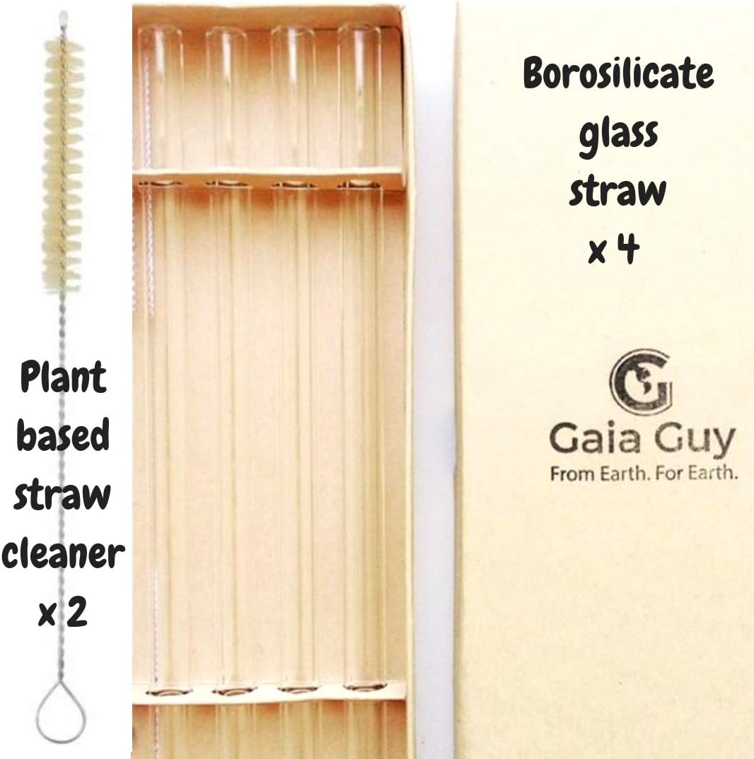 4 Reusable Glass Straws - 9in x 12mm + 2 Plant-based Cleaning Brushes Eco-friendly Borosilicate Glass Drinking Straw - Zero Waste Life! - No Nylon