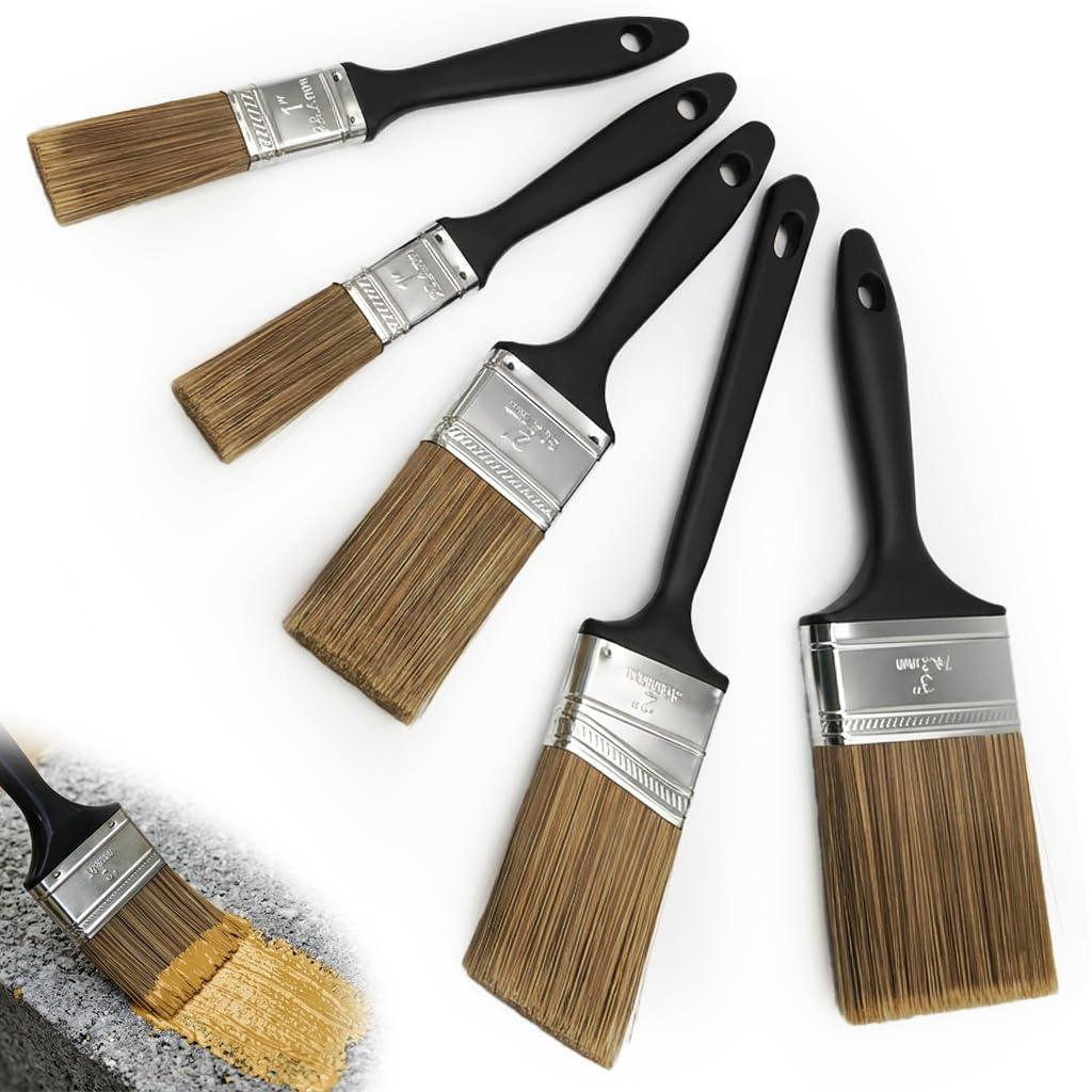 5 Pack Paint Brush Set for Walls and Fences, Black Plastic Handle Decorating Brushes for Wood Stain, Varnish, Gloss and Emulsion, Assorted Sizes 1, 1.5, 2, 2, 3 Inch