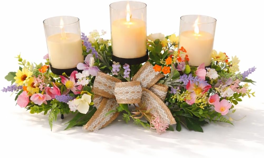 Floral Candle Holder Centerpiece for Table, 3 Candle Holders with Spring Floral Arrangement, Farmhouse Rustic Centerpiece for Dining Table, Wedding, Easter and Home Decor