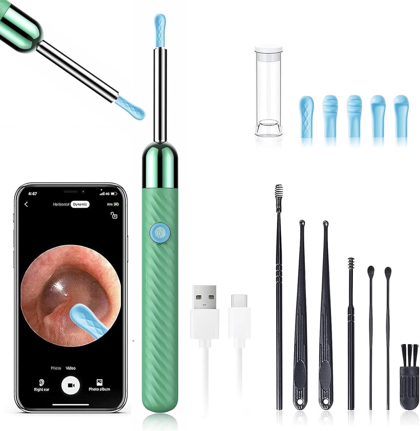 LEIPUT Ear Wax Removal - Earwax Remover Tool with 8 Pcs Ear Set - Ear Canal Cleaner with 1080P Camera - FSA HSA Eligible - Ear Cleaning Kit with 6 Ear Spoon - Ear Camera for iOS & Android (Black)