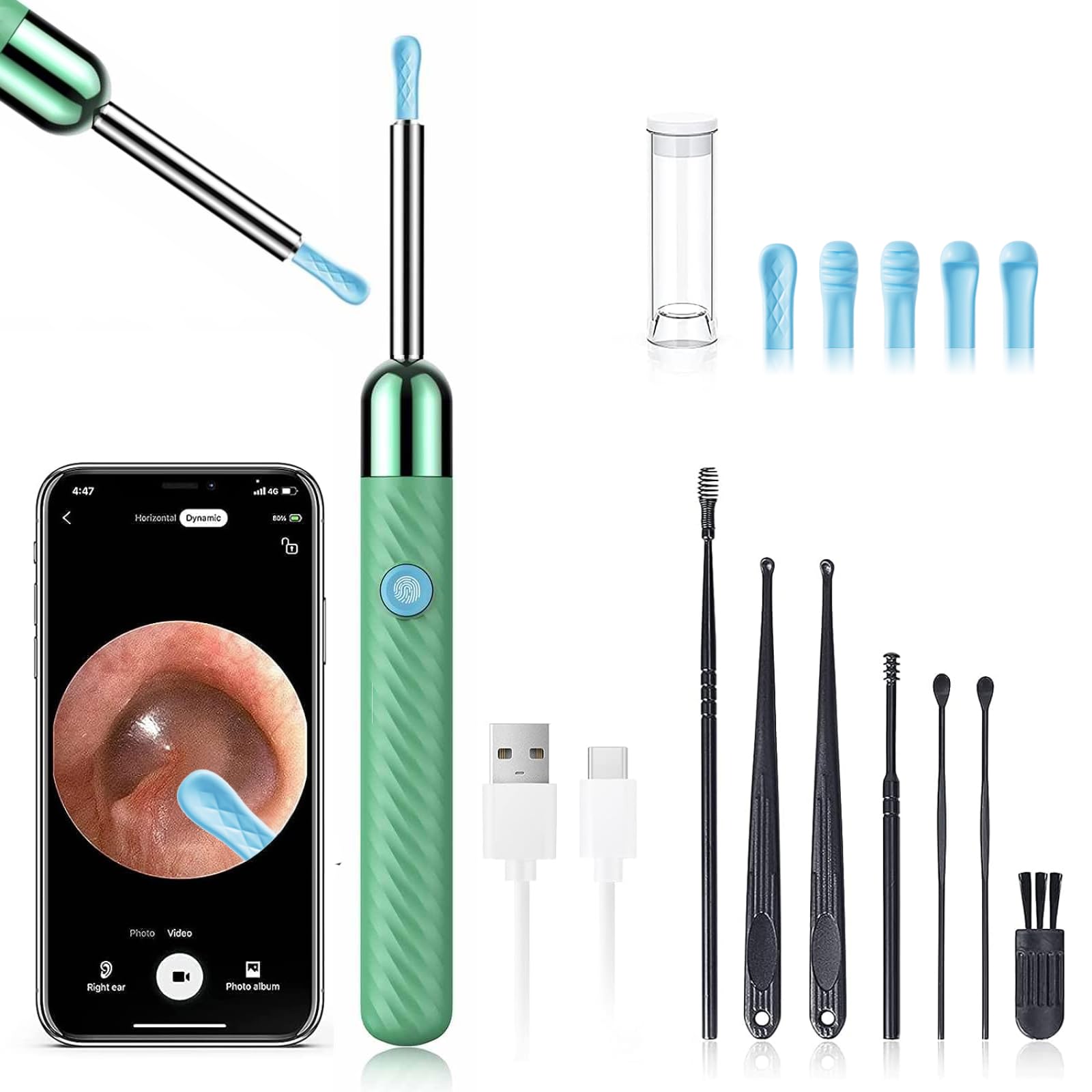 Ear Canal Cleaner with 1080P Camera - Earwax Remover Tool with 8 Pcs Ear Set - Ear Cleaning Kit with 6 Ear Spoon - Ear Camera for iOS & Android (Green)