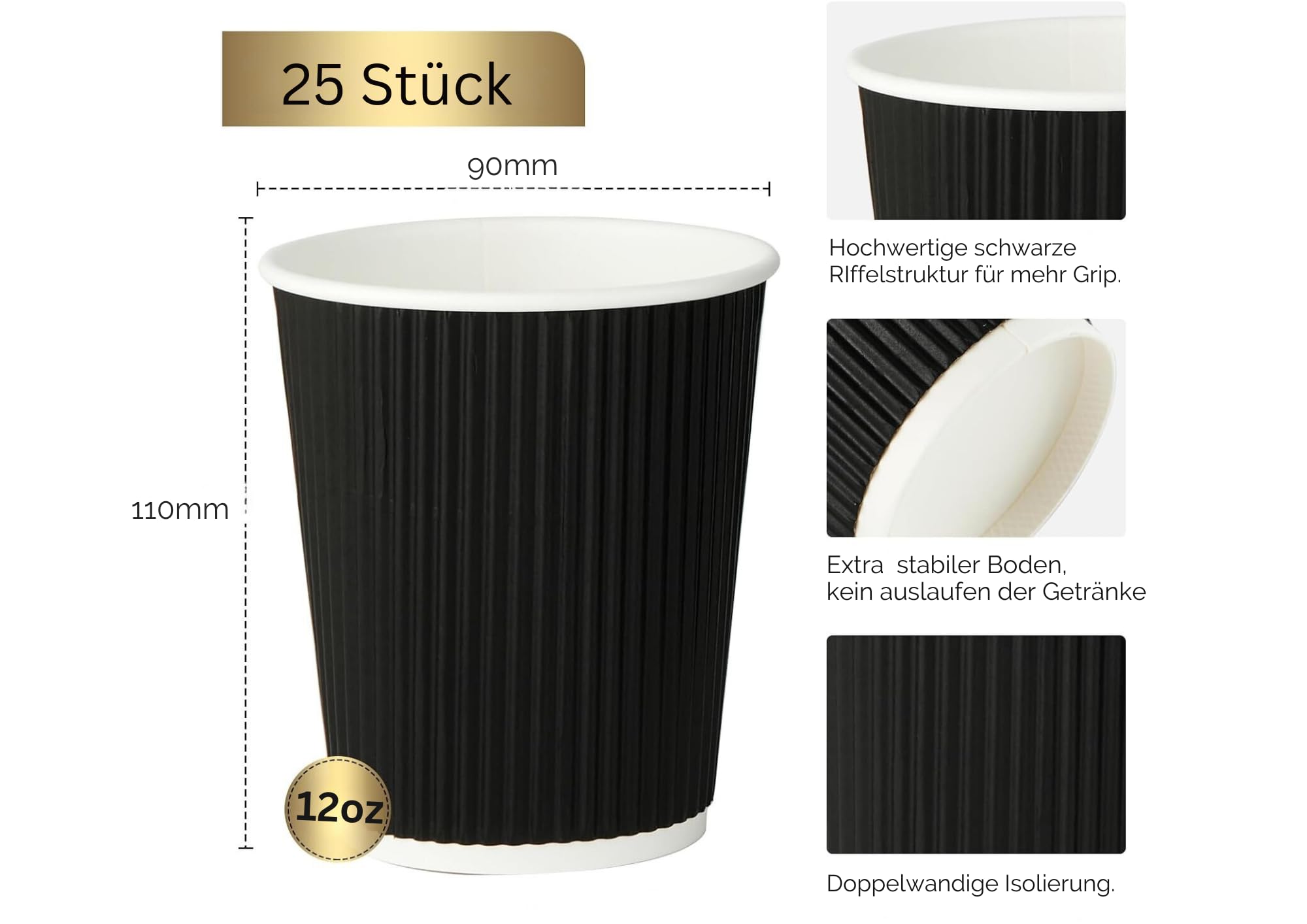 Lot 200 Gobelets Cannelés Noirs Double Paroi 200 Ml - Écologiques Kraft Noir - Café Thé Chaud Sans Brûlure