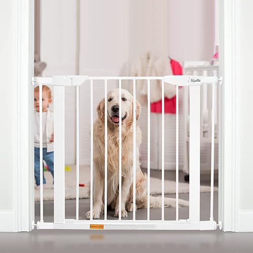 Puerta extra ancha de 29.5 a 37.8 pulgadas para mascotas, puerta de seguridad de cierre automático para bebé, puerta de metal duradera para perros,
