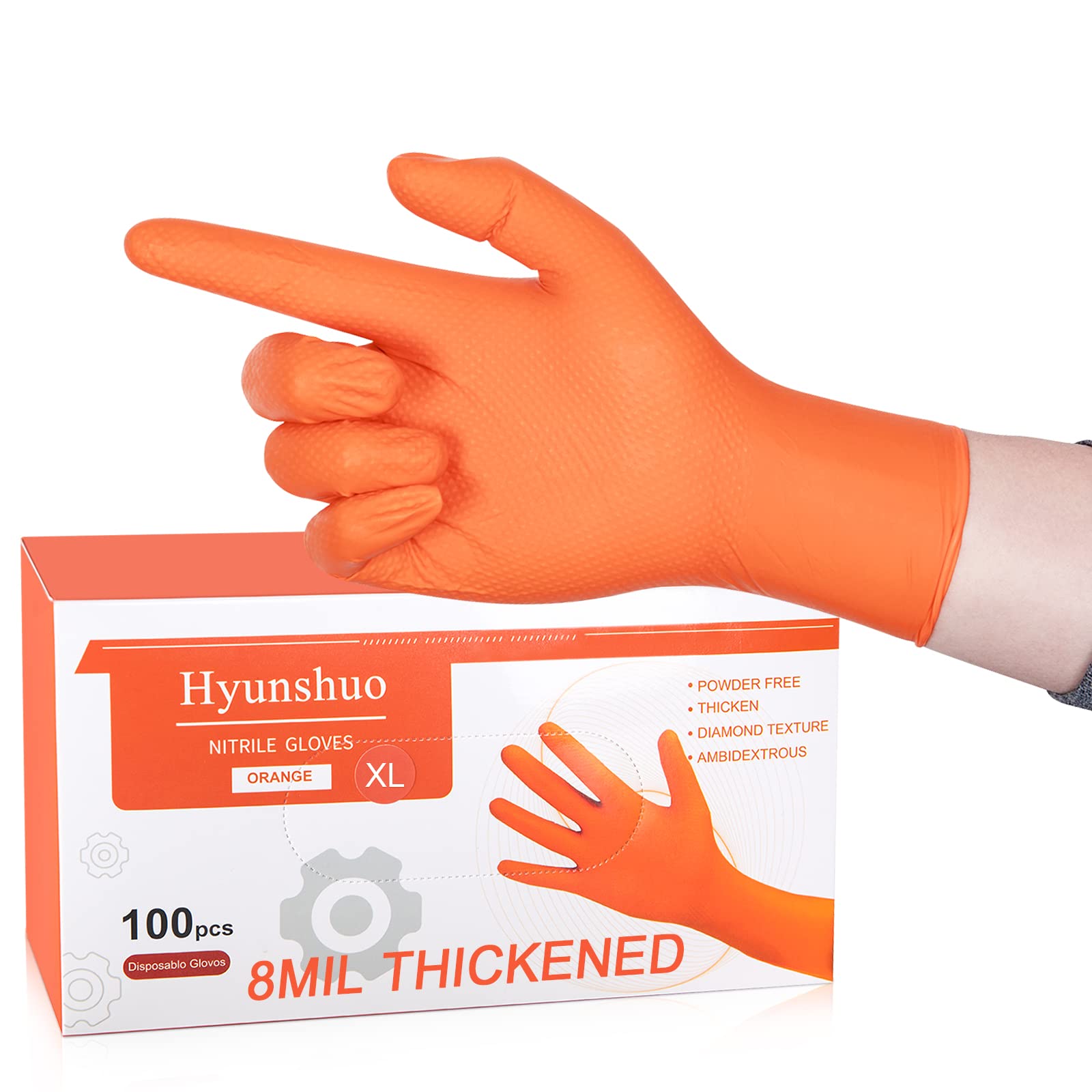 Hyunshuo 8 Mil Thickened Orange Disposable Cleaning Gloves, Industrial Mechanic Gloves, Extra Strength Powder Free, Box/100 Food Grade Diamond Texture Oil-proof