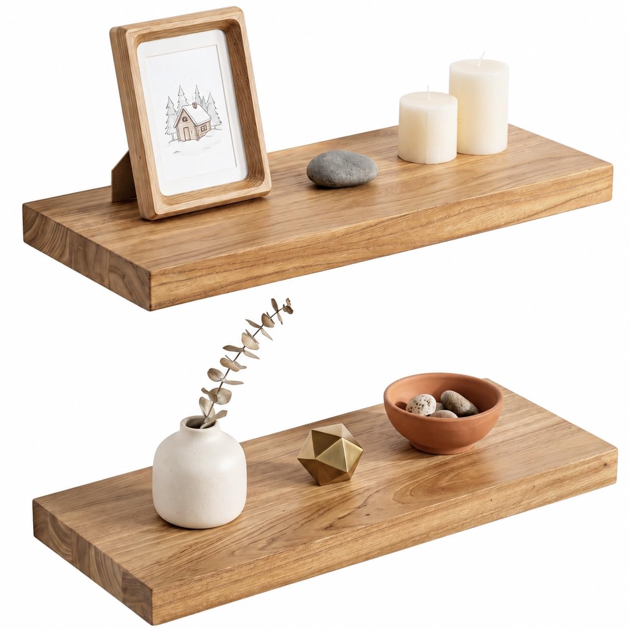 Feihorrm 40CM Solid Elm Wood Floating Shelves for Wall Set of 2, Flat Edge