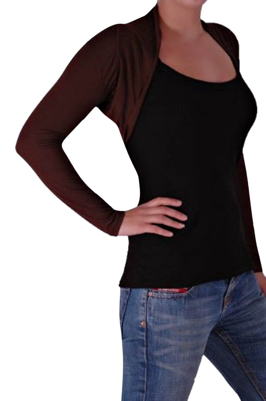 Eye Catch EyeCatchClothing - Delphi Fitted Bolero Plain Jersey Knit Shrug One Size Brown