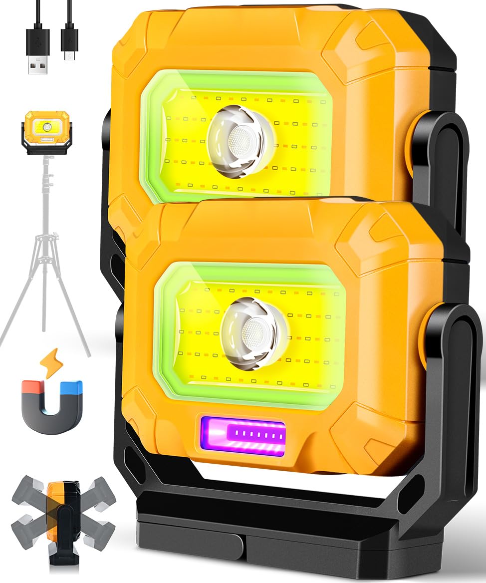 2Pack Magnetic Work Light, 1200LM COB LED Rechargeable Work Light with 7 Lighting Modes, 360°Rotatable Flood Lights for Car Repairing, Job Site Lighting Emergency Outdoor Camping Hiking