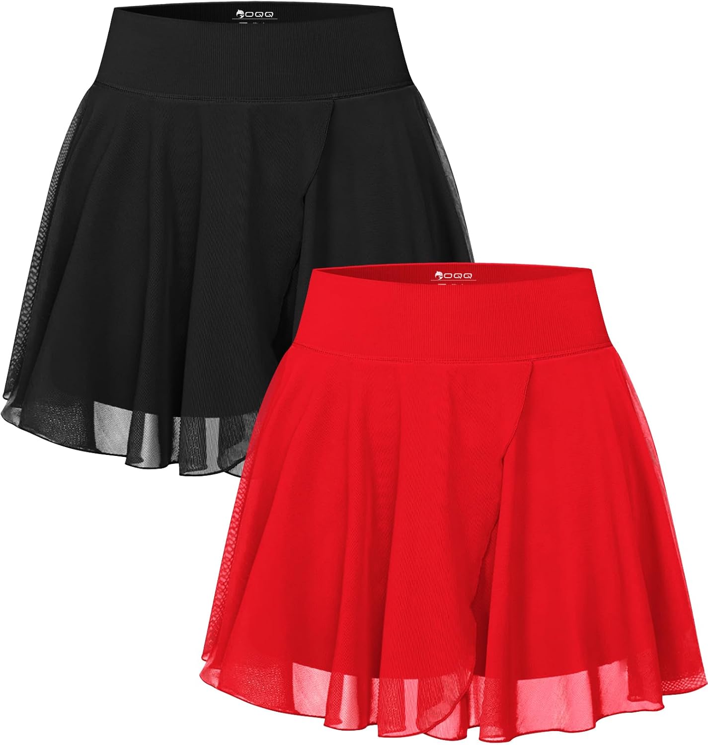 OOQ Women Skirts 2 Pack 2 in 1 Flowy Mesh High-Waisted Basic Versatile Casual Mini Flare Skirt with Pockets