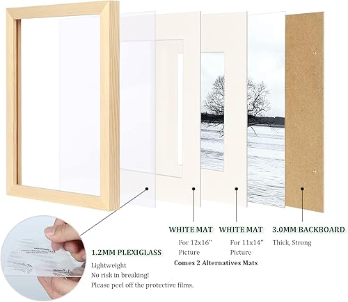 Miniatura 3 de Egofine Marco para póster de 16 x 20 pulgadas, marco de madera maciza con plexiglás mate para montaje en pared, marco vertical u horizontal, madera