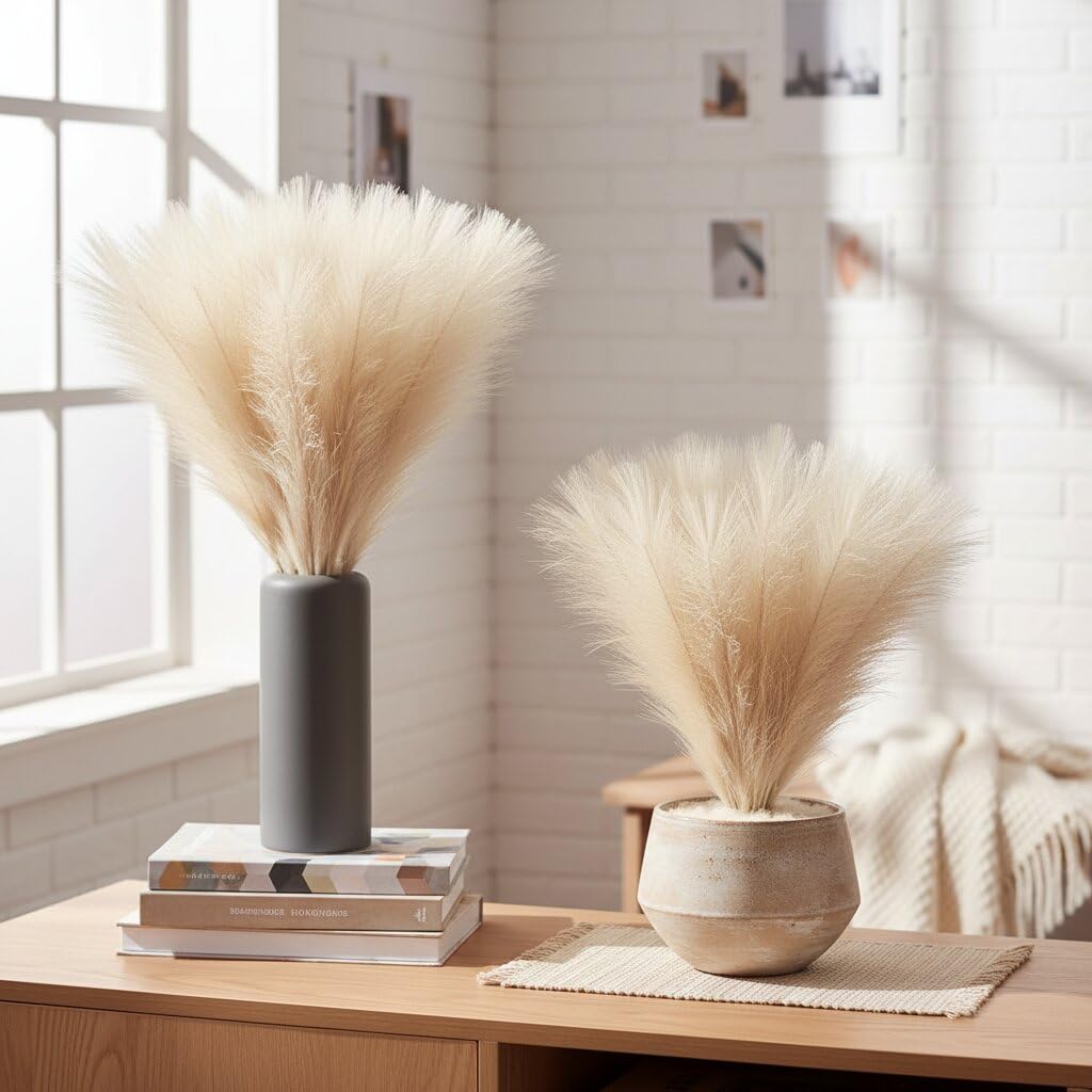 Natural Dried Pampas Grass 17.7 Inch Beige Fluffy Stems for Vase Decor, Boho Home Decoration, Wedding Floral Arrangement, Living Room Bedroom Table Decor - 3 Pcs, Cream.-picture-28
