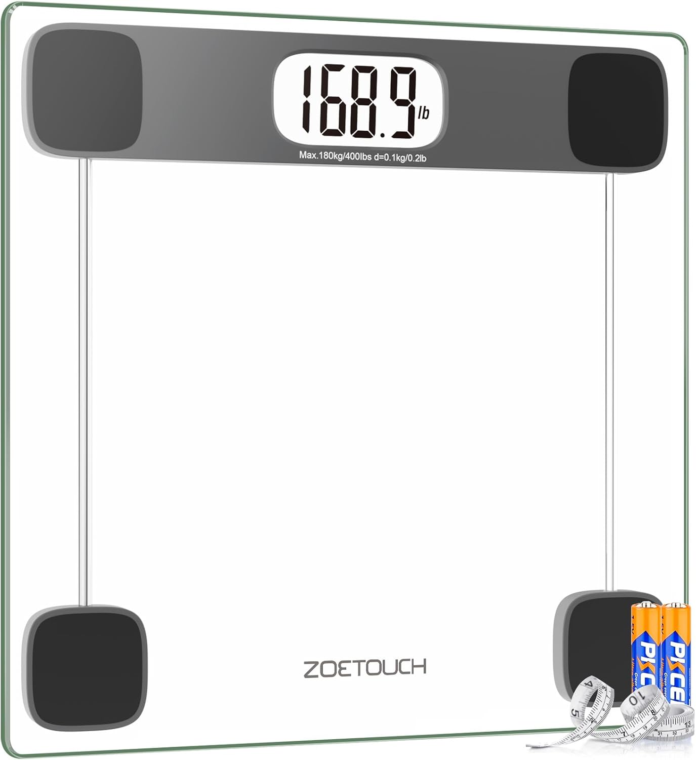 ZOETOUCH Scale for Body Weight Digital Bathroom Weighing Bath Scale, Tempered Glass LCD Display Batteries and Tape Measure Included, 400lbs