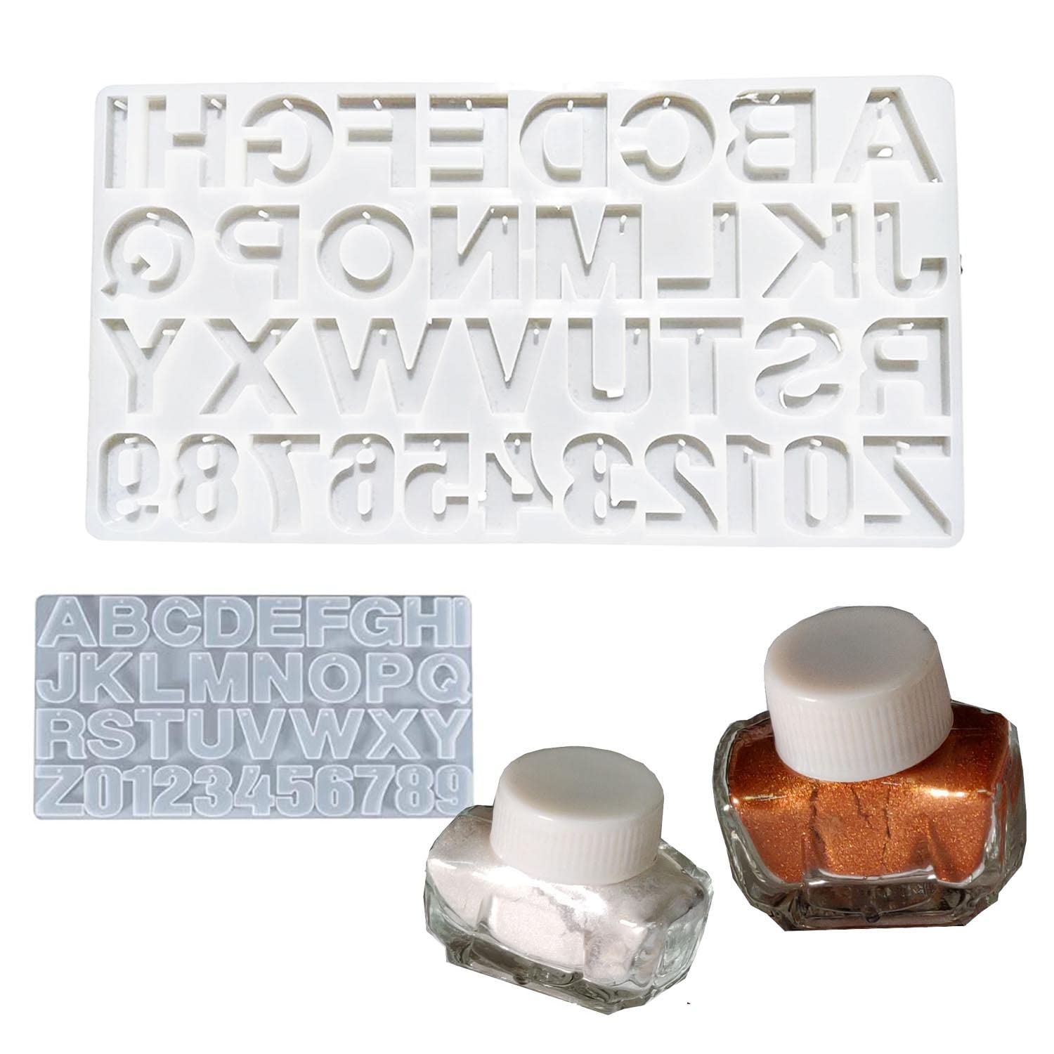 SNOOGG® 3D Silicone Resin Mould Alphabet and Numbers for Pendants Keychains Earrings DIY Craft Letters ABCD with Built in Hole Enabler with High Qualitey 2 Metalic Pigment