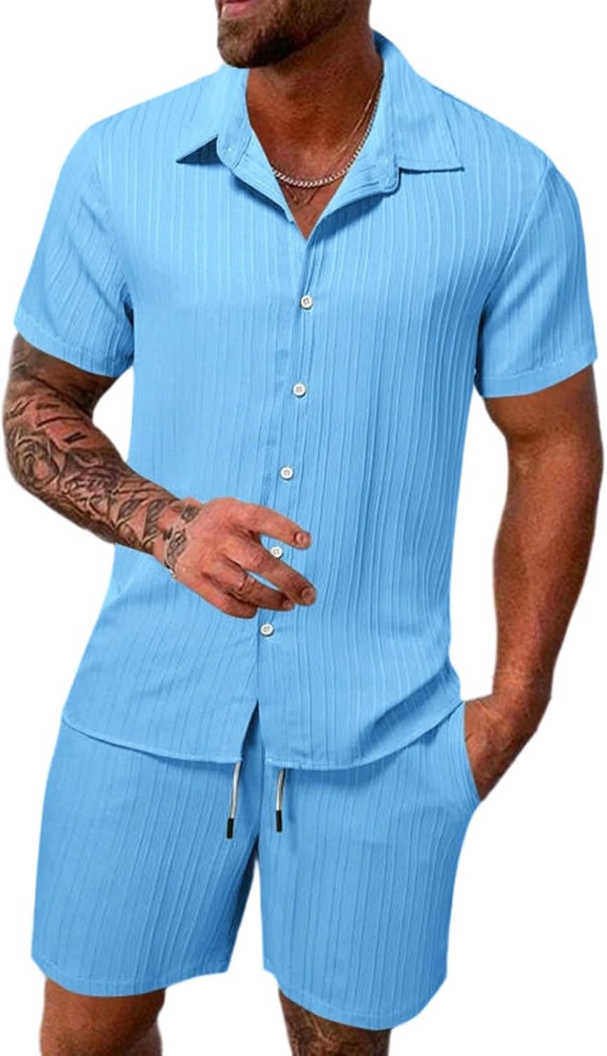 Men Cuban Track Suits:Fashion Button Down Short Sleeve Blouses and Shorts Work Bussiness Beach Vacation Outfits