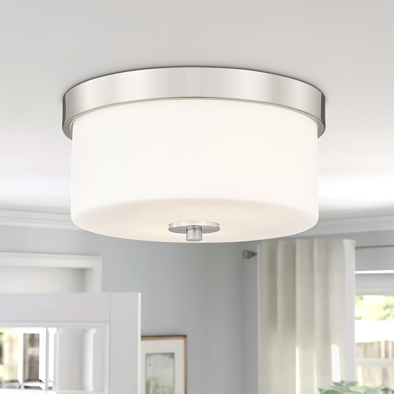 Emak Brushed Nickel Ceiling Light Fixture, Modern Flush Mount Light Fixture with Milk Glass Shade, 11 Inch 2-Light Ceiling Lights for Bedroom, Living Room, Kitchen, Hallway, Bathroom, FM082-BN-ML