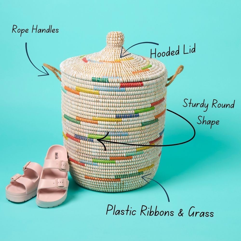 Wicker Basket with Lid, Handwoven African Basket, 12 Inch Wide, 14 Inch Tall, Colorful Pattern on White