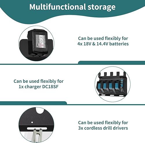 Miniatura 5 de Soporte de pared para soportes de batería Makita y cargadores DC18SF, soporte de pared, estable para 4 piezas soporte de batería de 18 V 14.4 V y