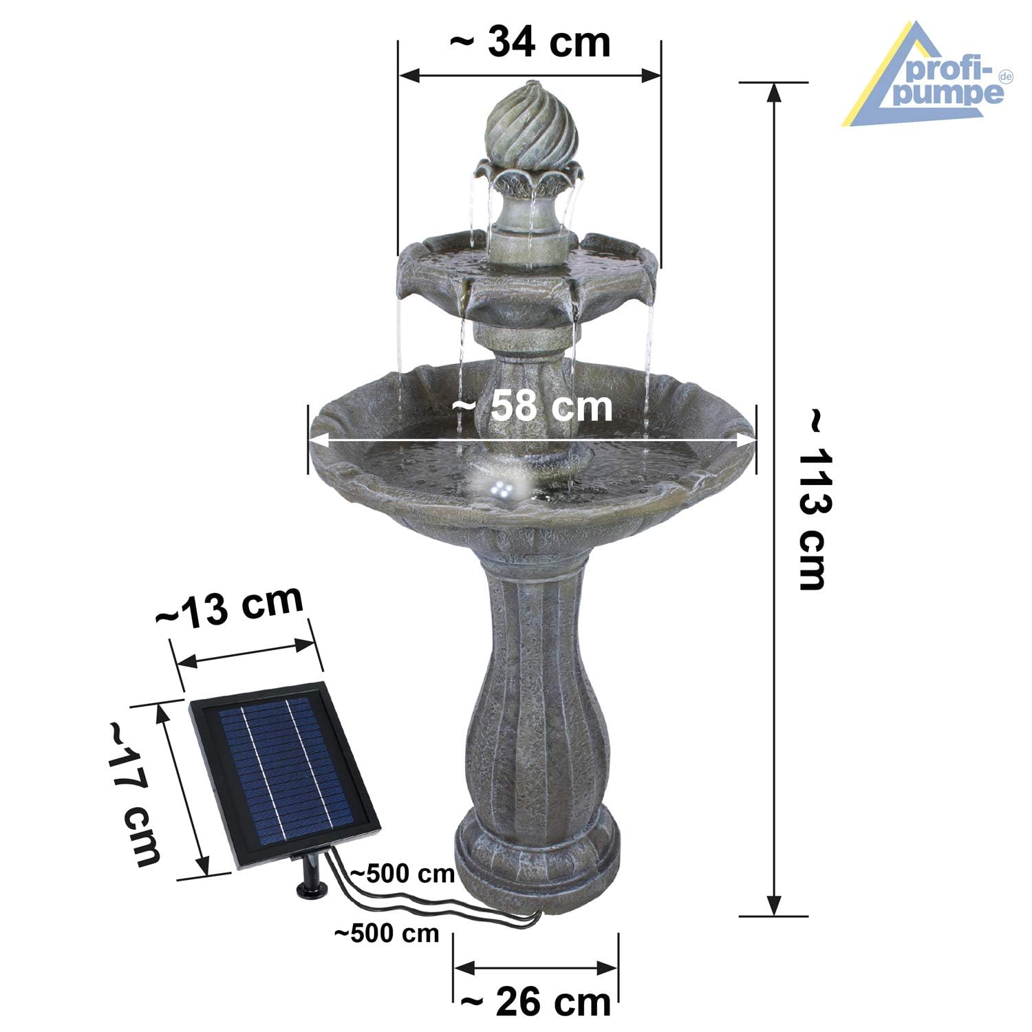 Fuente de jardín Fuente Solar Jardín clásico con batería de Iones de Litio y luz LED Fuente Baño de pájaros Cascada