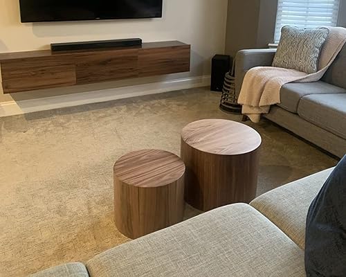 Miniatura 5 de Juego de 2 mesas anidables, mesas auxiliares redondas de madera, mesas auxiliares modernas para espacios pequeños, sala de estar, dormitorio (nogal,