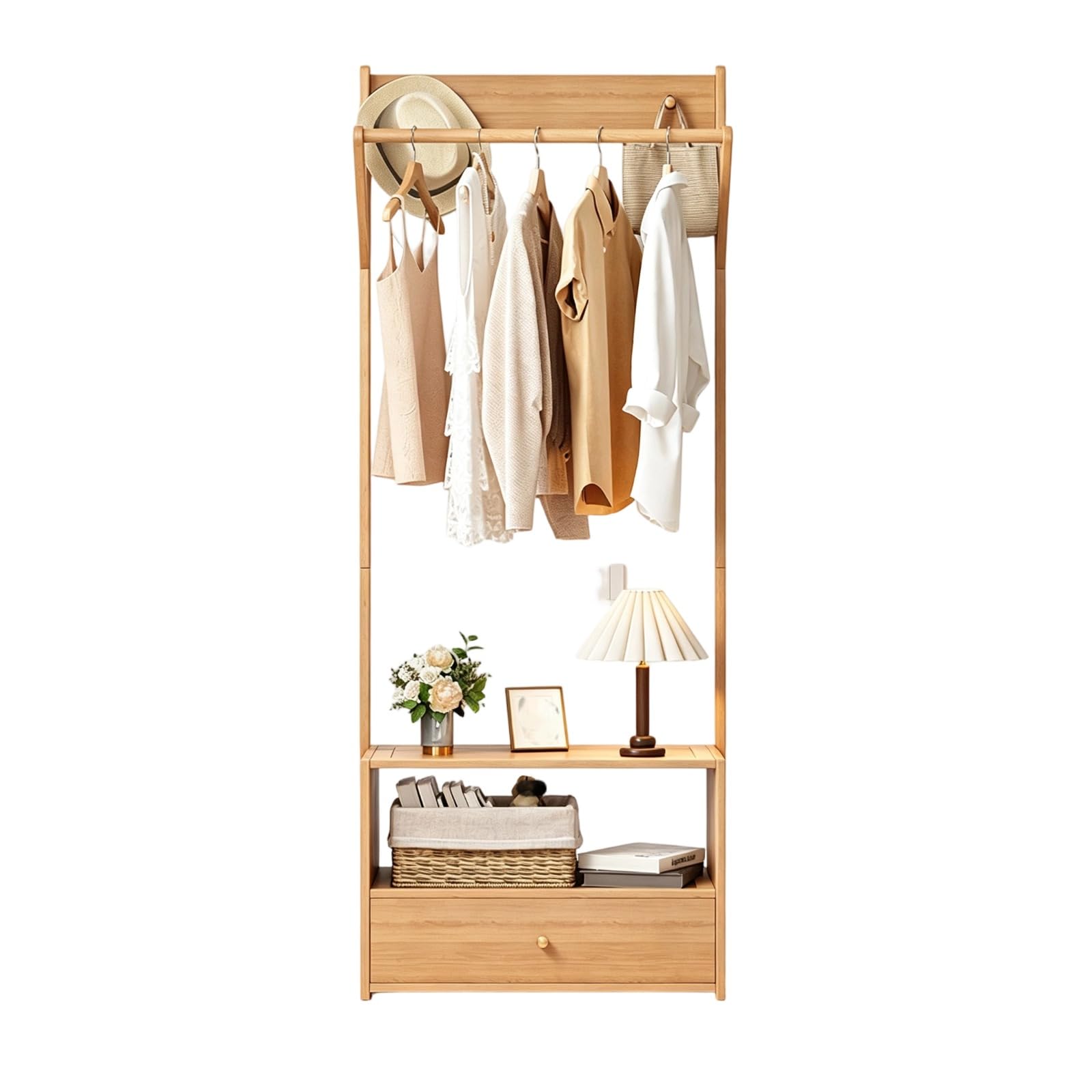 Appendiabiti Autoportante, Appendiabiti per Camera da Letto con Cassetto E Armadietto, Organizer Multifunzionale per Abiti da Ingresso(Color:Legno Naturale)