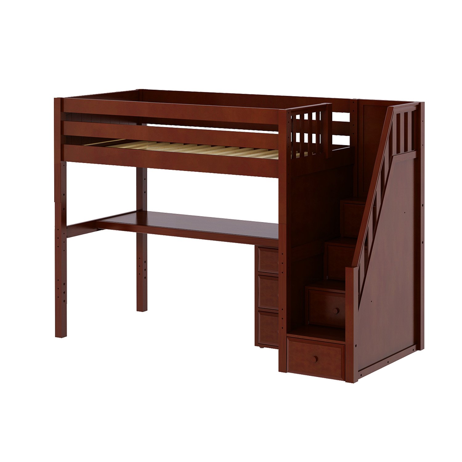 MaxtrixSolid Hardwood Twin-Size Low Loft Bed with Storage Staircase Entry, Integrated Desk, and 3 1/2 Drawer Dresser, Chestnut