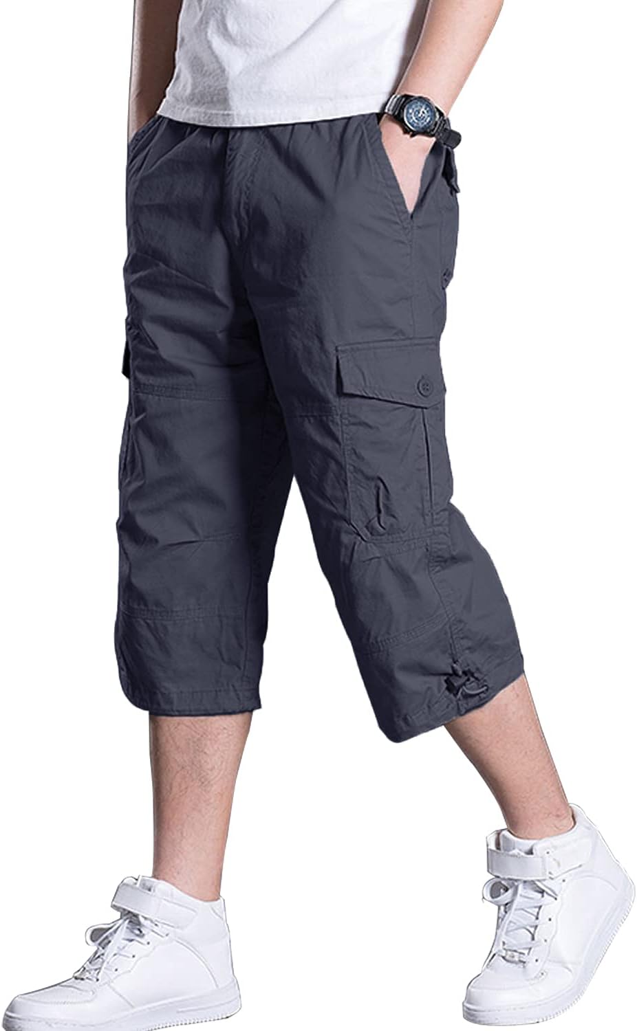 Men's Casual Cargo Shorts 16" Inseam Below Knee Multi Pocket 3/4 Capri Long Shorts Twill Relaxed Fit Pants