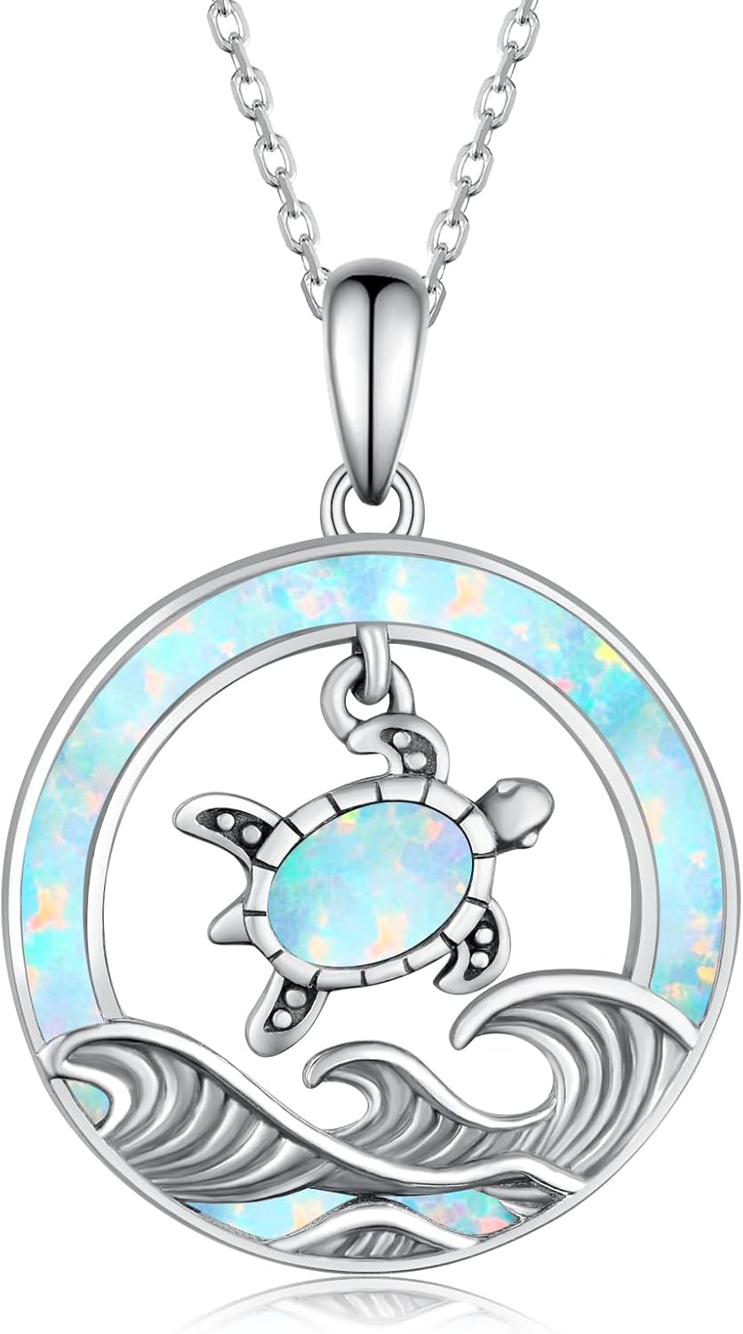 Opal Turtle Necklace for Women 925 Sterling Silver Ocean Wave and Cute Sea Turtle Pendant Heart Necklaces Birthday Holiday Beach Jewelry for Women