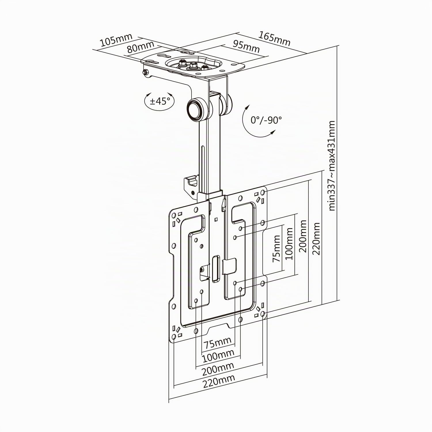 AISENS CT43S-187 Support de Plafond Pivotant Pliable pour Moniteur/Télévision 20 kg 19-43 Noir