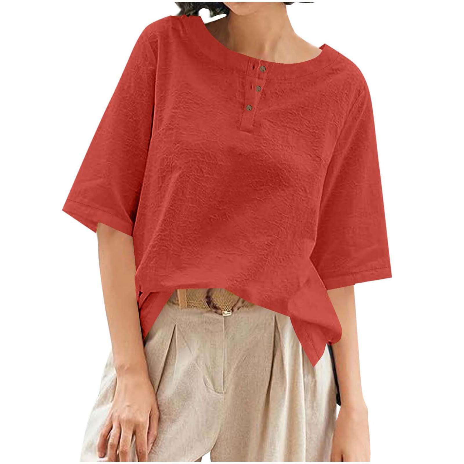 Linen Tops for Women Loose Fit Vintage Vacation T Shirts Half Sleeve Crew Neck Tshirt Casual Boho Travel Beach Clothes