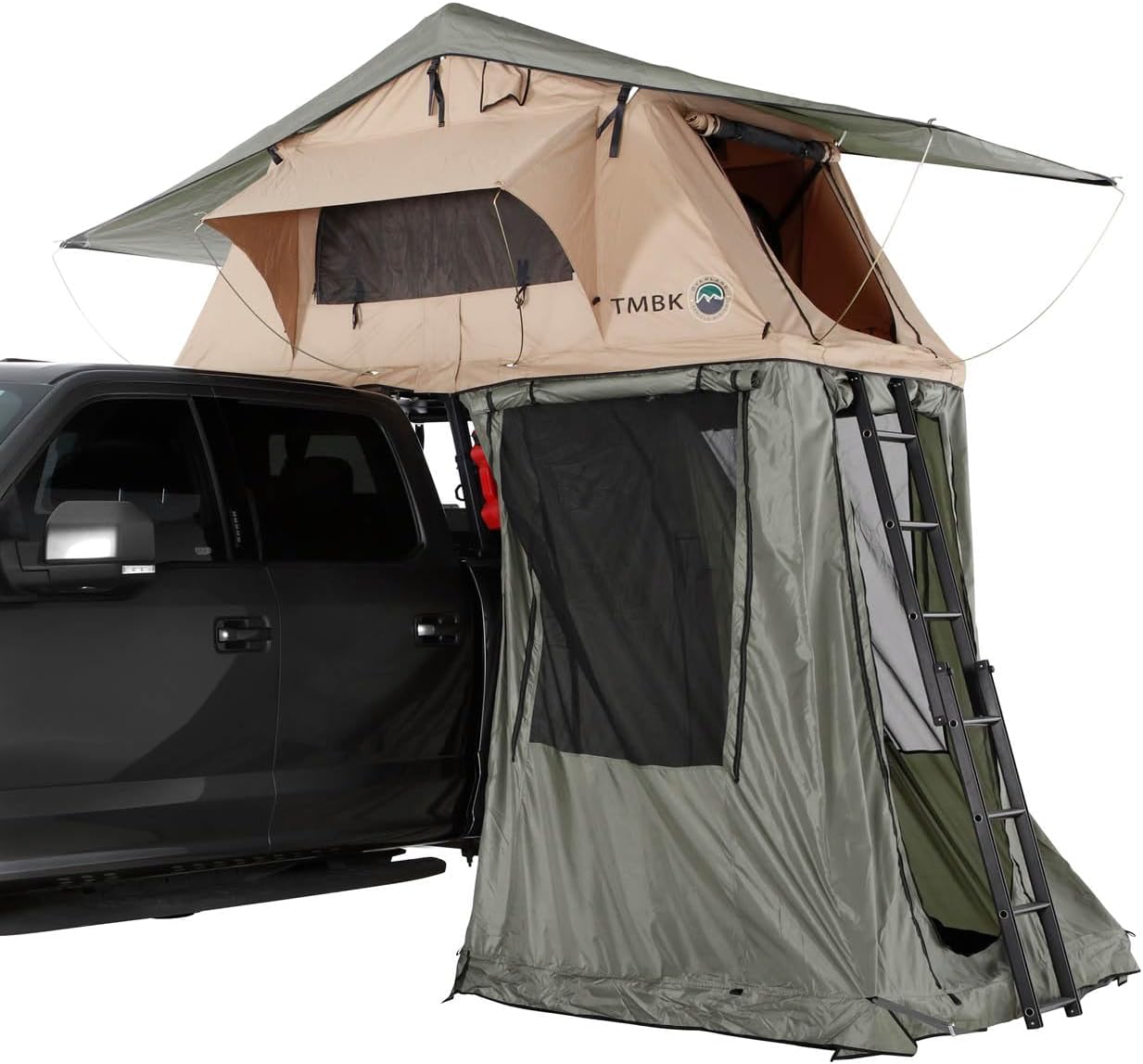 Overland Vehicle Systems LD TMBK 3 Soft Shell Roof Top Tent with Annex Combo, Tan Body & Green Rainfly with Green Annex