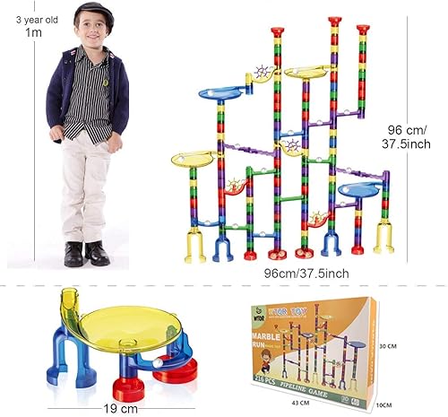 Miniatura 7 de WTOR Juego de 216 piezas de canicas con 12 canicas de vidrio que brillan en la oscuridad, juego de laberinto de mármol, juguete de construcción para
