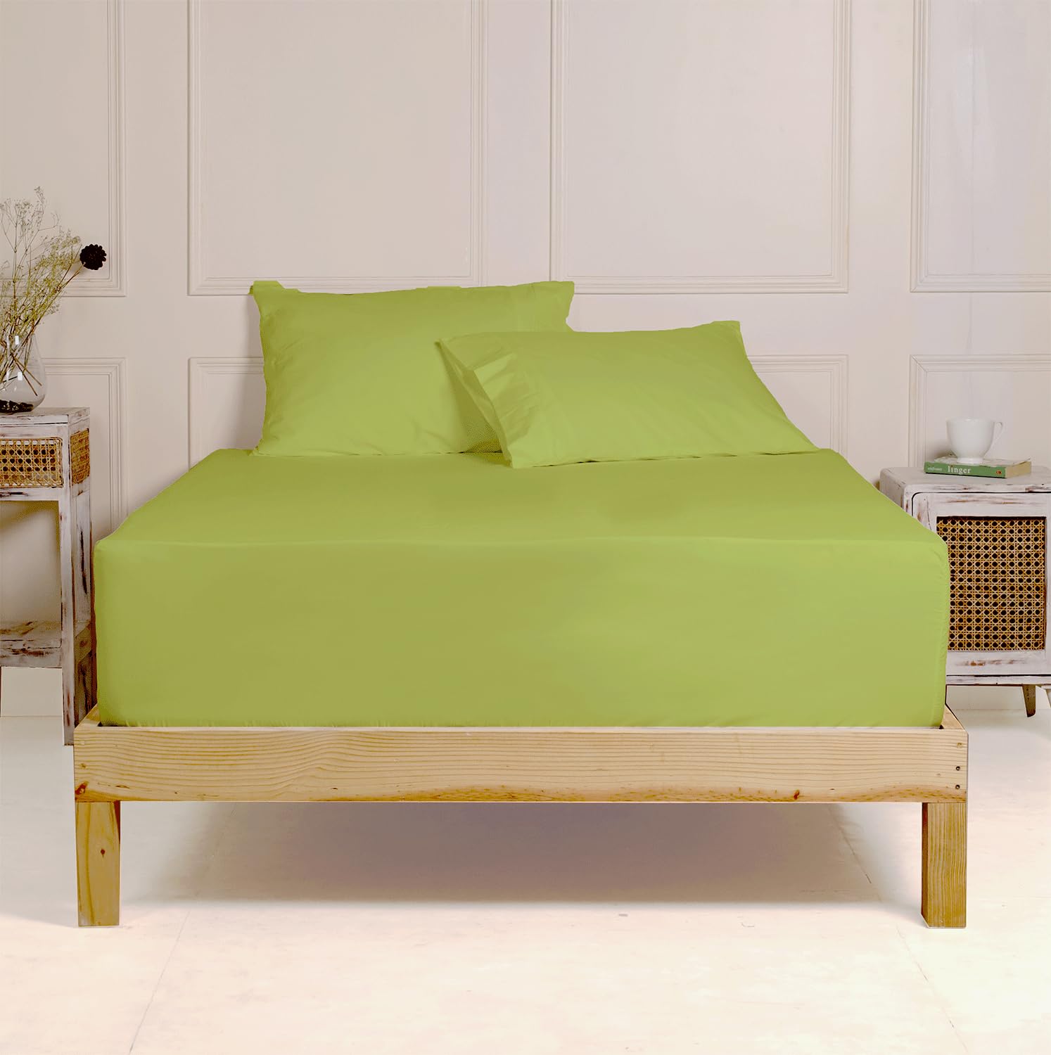 Linenwalas 100% Cotton Sheets 400 Thread Count Fits Mattress Upto 16 inches Deep Pocket Solid Sateen Weave Hotel Class Luxurious (King, Olive Green)