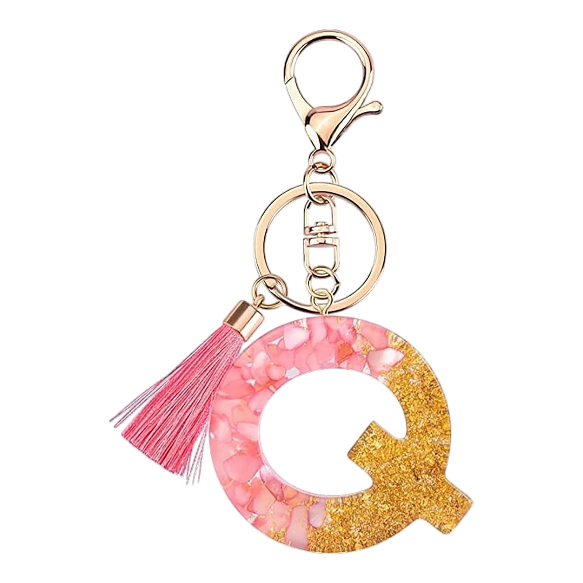 Rohans Pink and Gold Resin Alphabet Initial Letter Keychain, Bag Charm, Key Ring with Lobster Clasp (Q)