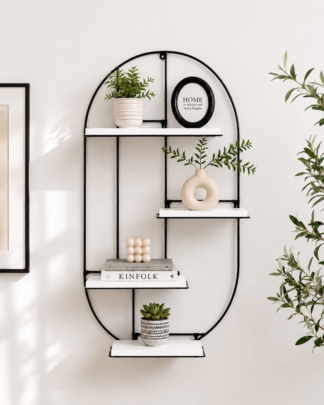 Modern Oval Geometric Wall Shelf for Living Room | 4 Tier Shelf with Black Metal Frame | Decorative Wall Display Rack for Bedroom, Hall, Office & Home Decor | Black & White-image-34