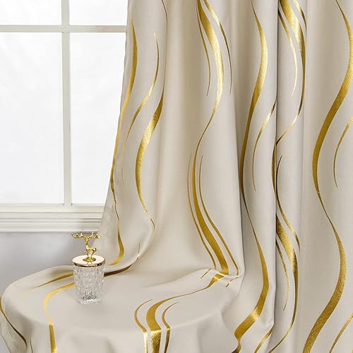 Miniatura 4 de MYRU Juego de 2 paneles de cortinas de rayas con estampado de aluminio para sala de estar y dormitorio (beige y dorado, 2 x 54 pulgadas de ancho x